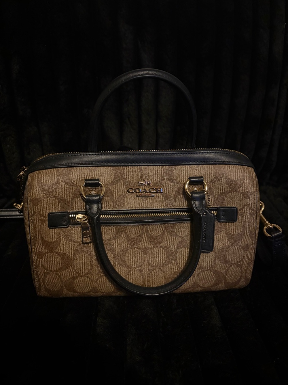 Coach Brown Signature Canvas Satchel with Black Trim